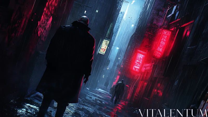 Solitary figure stalks neon alley under harsh midnight rain