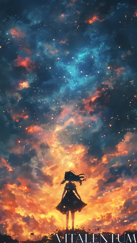 Girl silhouetted against blazing cosmic sky of stars and fire.