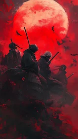 Samurai silhouettes beneath large red moon in mist.