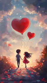 Two Children Holding Heart-Shaped Balloons in Dreamlike Sky