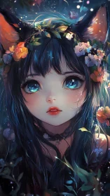 Starlit forest girl with fox ears and shimmering flower crown.