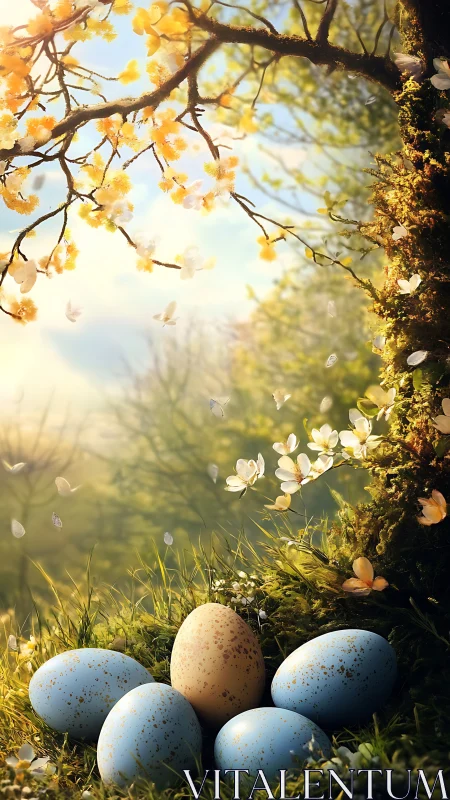 Spring nest still life with speckled eggs under blossoms.