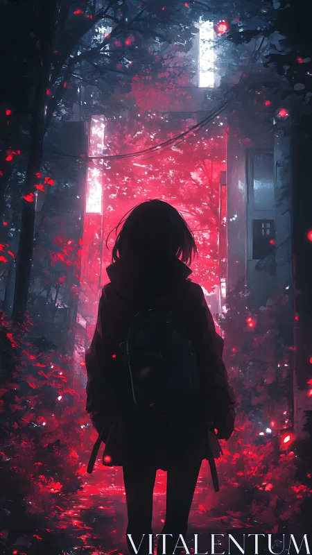 Silhouetted figure stands in neon red forest corridor at night