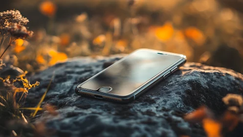 Smartphone resting on dark stone with warm ambient bokeh lighting.