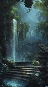 Moonlit cascade over a secret ruined garden stairway.
