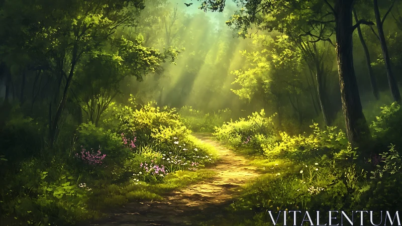 Enchanted Forest Path Glowing with Golden Sunlight