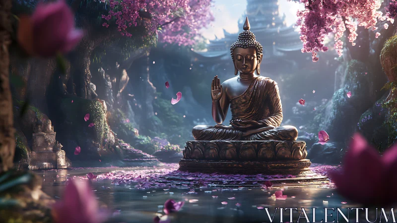 Bronze Buddha statue under cherry blossoms in misty temple garden