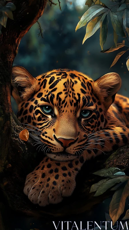 Digital rendering of resting leopard in dense forest setting.