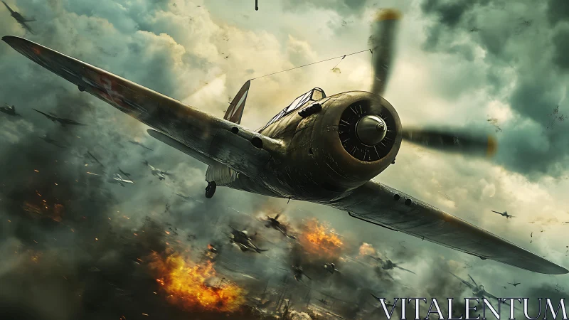Warbird dives through burning sky in cinematic dogfight.