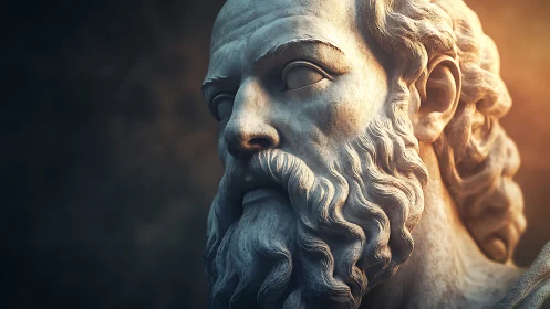 Weathered marble philosopher bust under warm studio glow.