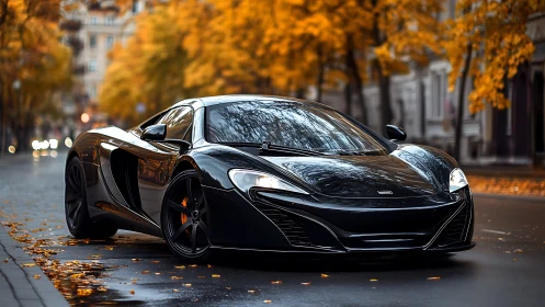 Black sports coupe on city street with autumn foliage.