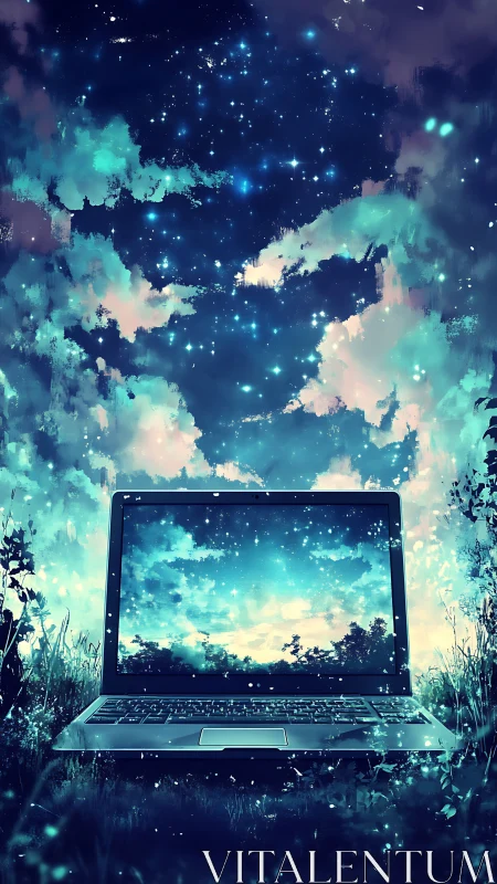 Dreamlike laptop portal under luminous cosmic sky.