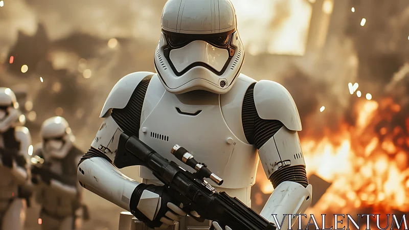 Armored sci fi soldier foregrounded against fiery backdrop.