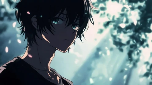 Young figure in shaded forest environment, side profile.