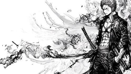 Sword-wielding warrior unleashes swirling ink energy burst