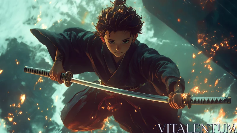 Stormlit young samurai diving through sparks of destiny.