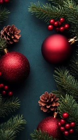 Red baubles with fir branches, pine cones and berries.