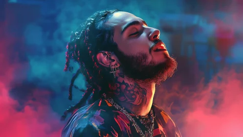 Neon mist crowns a dreaming singer in electric twilight glow