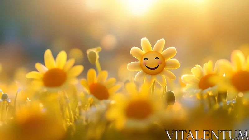 Cheerful animated sunflower smiles in golden field.