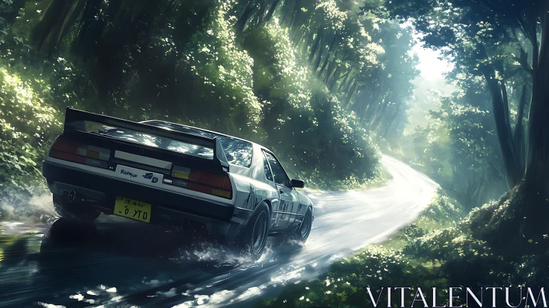 Retro drift machine chasing sunlight on a rain-slick forest road.