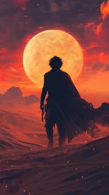 Backlit desert wanderer silhouettes against oversized molten moon