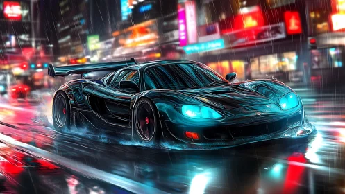 Night rain race car glides through neon city streets with style