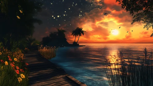 Tropical Island Sunset with Palm Trees and Stars.