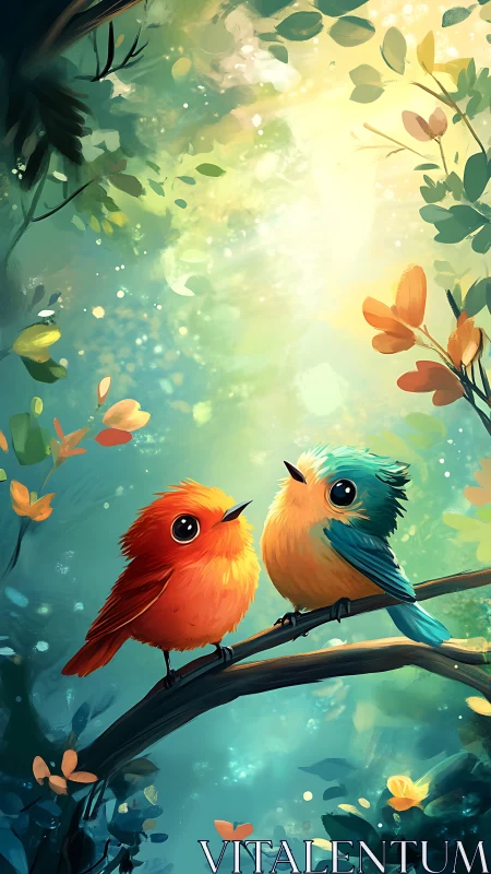 Two colorful songbirds rest on branch under glowing forest sky
