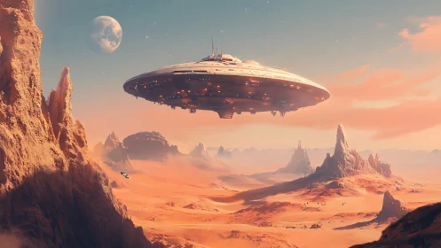 Large circular starship hovers above arid alien canyon