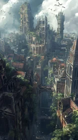 Verdant neo-gothic megacity rises through mist and memory
