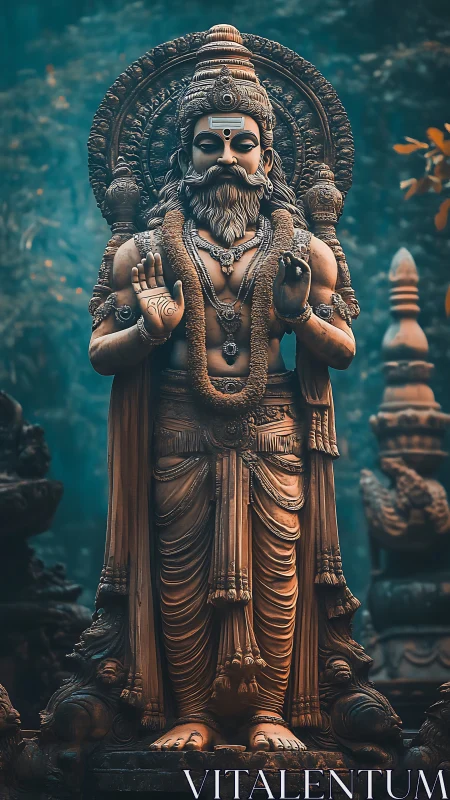 Forest-veiled sage statue bathed in teal mystic stillness.