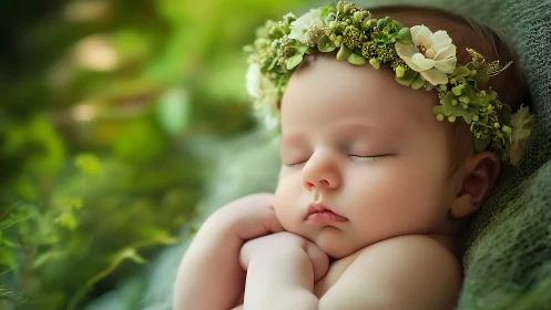 Sleeping Newborn Wearing Floral Crown in Garden.
