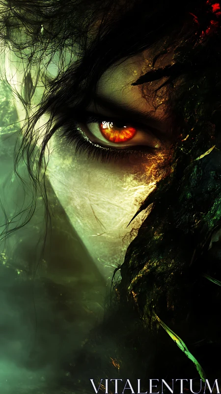 Close human eye with fiery iris amid dark organic forms.