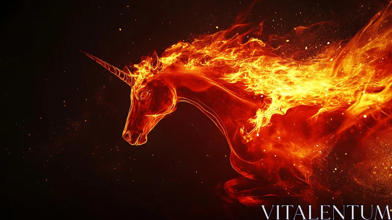 Plasma-etched unicorn silhouette emerging as dynamic flaming vector