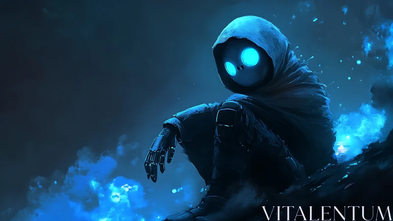 Hooded biomech wanderer with glowing cyan eyes in smoke-lit void
