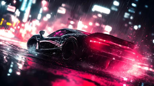 Neon rainstorms chase a supercar through liquid night streets