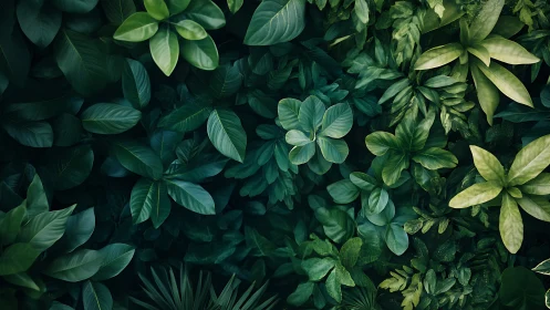 Dense overhead view of layered green tropical foliage.