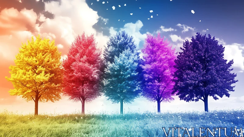 Row of multicolored trees on gradient sky background.