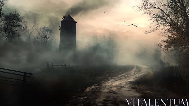 Fog-draped tower listens quietly to a lonely winding road