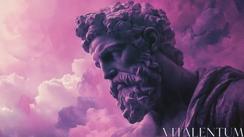 Neoclassical stone bust rendered in magenta atmospheric clouds