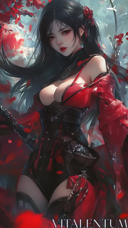 Midnight blossom warrior in crimson stormlight.