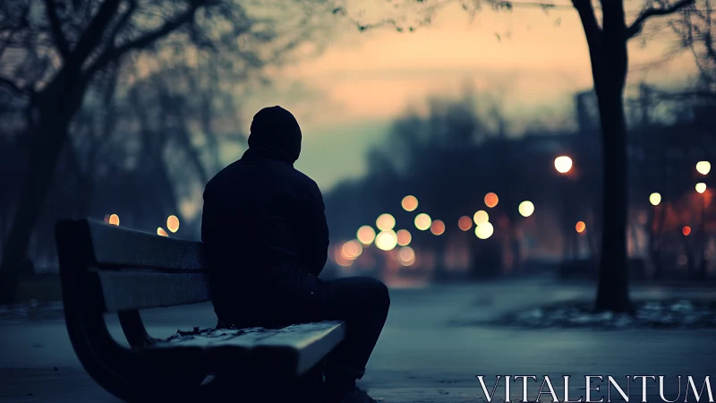 Photorealistic dusk park portrait with solitary figure on bench.