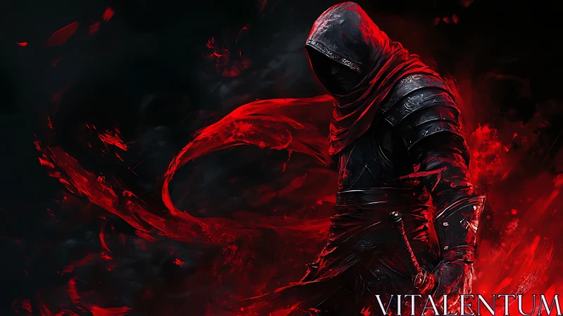 Hooded dark warrior wreathed in swirling crimson energy.