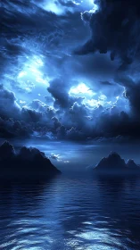 Nocturnal ocean horizon under dense illuminated clouds.