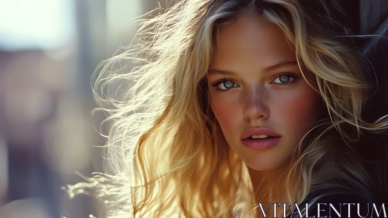 Sunlit blonde portrait with luminous blue eyes, soft focus.