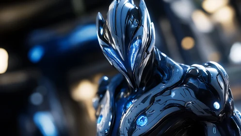 Chromed cybernetic sentry rendered with high-specular lighting