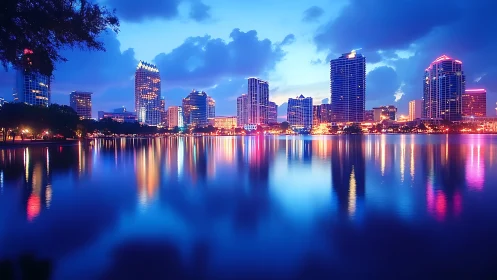 City lights glow gently over calm blue waterfront reflections