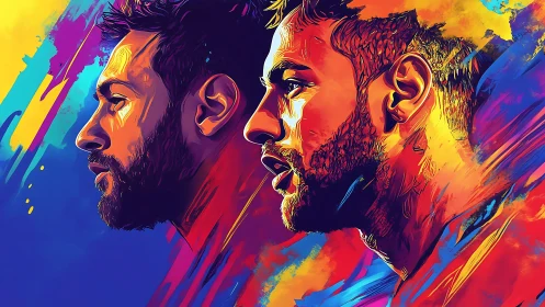 Twin flame portraits in riotous neon brushstorm hues.