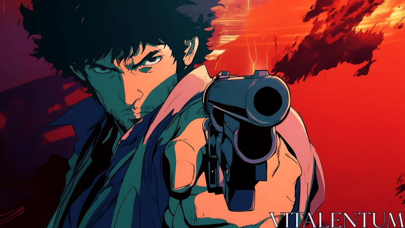 Dynamic cel-shaded gunman portrait with intense warm backlighting