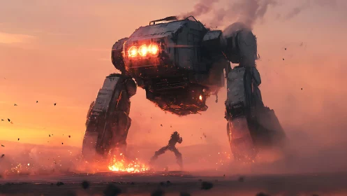 Colossal combat mech advances through fiery dusk battlefield.